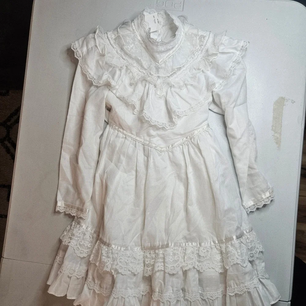 Vintage Gunne Sax Jessica McClintock White Lace Prairie Dress Pearl Trim Size 4